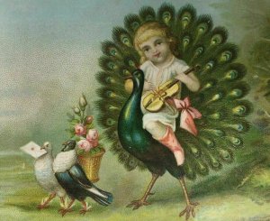 Victorian Trade Card Cute Child Riding Peacock Playing Violin R.W. Bell Mfg Co.