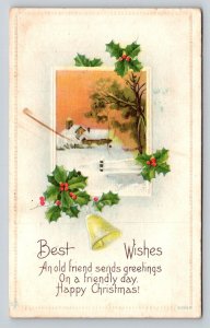 1919  Christmas Greetings  Xmas  Holly Bell   Postcard