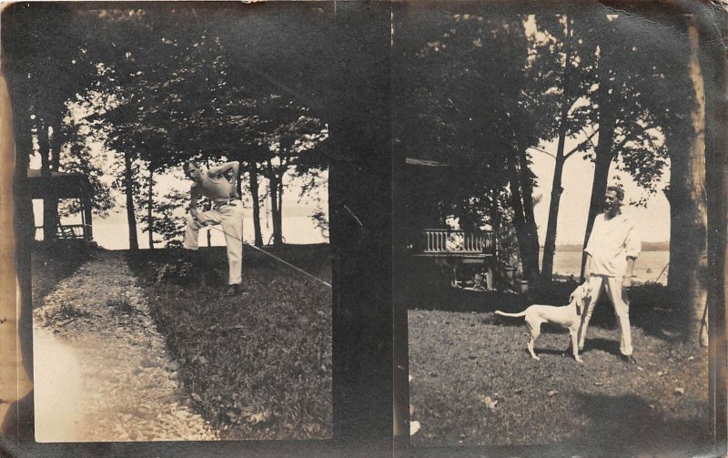 G45/ Owasco Lake New York RPPC Postcard 1908 Cottage  Man Dog