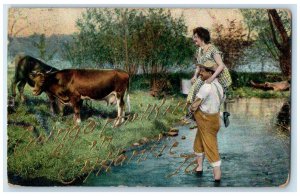 1909 Going Milking In Hanlie Iowa IA, Cow Scene River York PA Antique Postcard