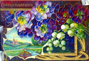 Congratulations~PURPLE FLOWERS~LILIES of VALLEY~GOLD~Antique Postcard~Germany