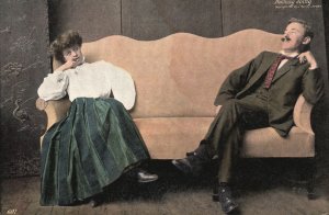 Vintage Postcard Lovers Couple Quarrel Sitting Far From Each Other Romance