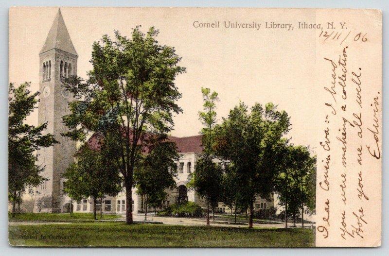 Ithaca New York~Cornell University Library~Tall Clock Tower~1906 Postcard 