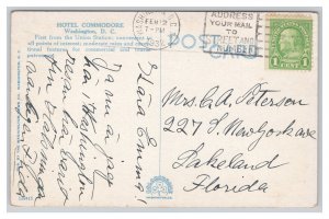 Washington D. C. Hotel Commodore Union Station Plaza Postcard c1932 Postmark