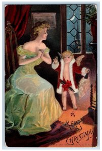 1908 Christmas Pretty Girl And Cupid With Ring Spring Valley VA Antique Postcard