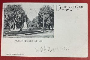 Soldiers' Monument and Park, Danielson, Connecticut, 1905 Postcard, Used