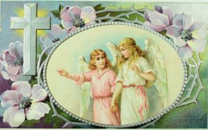 Embossed C. 1910 Easter Postcard Two Angels Briars & Flowers P77