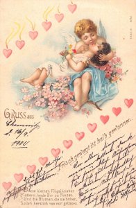 B254 Love Romance Gruss aus 1900 Hearts Cherub Kisses Girl Flowers postcard