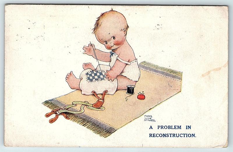 Postcard A/S Mabel Attwell Baby Boy Sewing Pants A Problem in Reconstruction A2