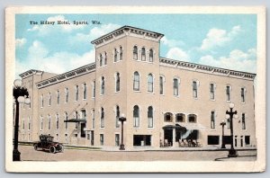 Sparta Wisconsin~Sidney Hotel St View~Car~Lamps~Awning~Chairs~1920s Postcard