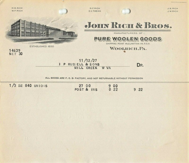 WOOLRICH~JOHN RICH & BROS (NOW WOOLRICH CLOTHING)~1927-MILL CREEK WV-BILLHEAD