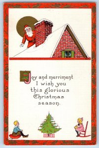 Christmas Postcard Santa Claus On The Roof Chimney Childrens Waiting Embossed