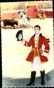 Portugal Bullfighter Matador Real Silk Thread Embroidered Vintage Postcard