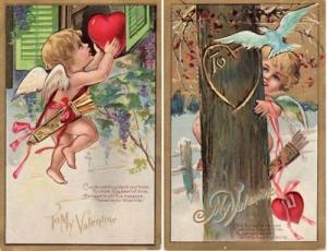 VALENTINE  CUPID carves TREE, delivers HEART 2 postcard