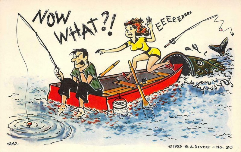 Now What?! Giant Fish Fishing Comic 1953 Fun Cards by GAD Vintage Postcard