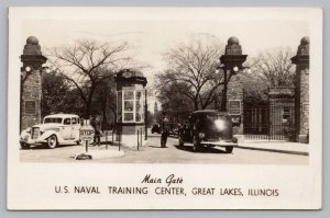 US Naval Training Center Main Gate, Great Lakes IL, Old Cars, RPPC Postcard P1