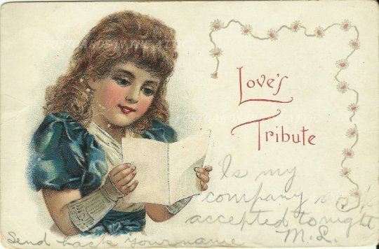 Victorian Girl in Blue Dress Reading Card or Letter Love's Tribute McLaughlin