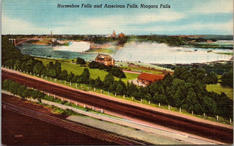 Horseshoe Falls American Niagara Railroad Track Bridge Linen Postcard VTG UNP 