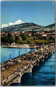 Geneva Switzerland Pont Du Mont-Blanc Bridge Mountain Ships Boats Postcard