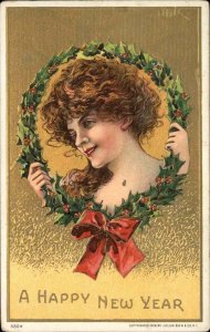 New Year J. Bien No. 5804 Beautiful Woman in Wreath c1910 Mistletoe Postcard