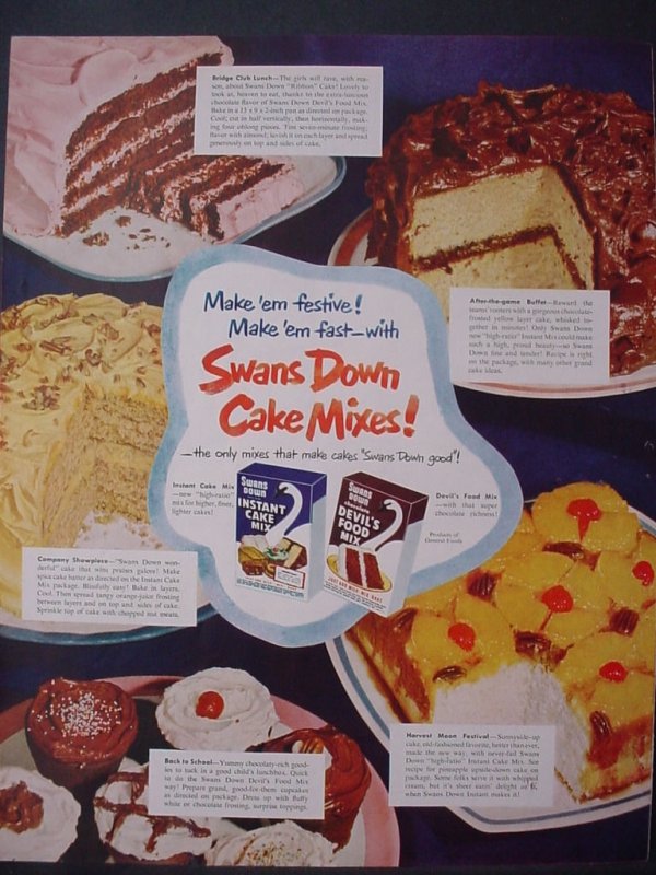 1951 Swans Down Cake Mixes Baking Full Color Vintage Print Ad 12275