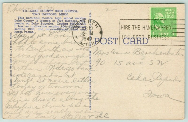 Two Harbors Minnesota~Lake County High School~Sidelong View~1949 Linen Postcard 