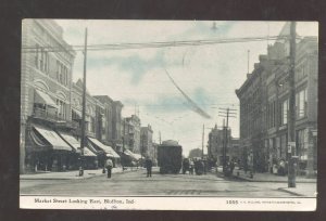 BLUFFTON INDIANA DOWNTOWN MARKET STREET SCENE TROLLEY CAR VINTAGE POSTCARD