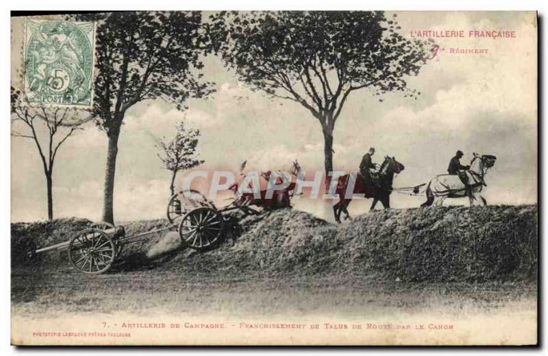 Old Postcard Fancy Army Artillery country road slope Crossing by the barrel