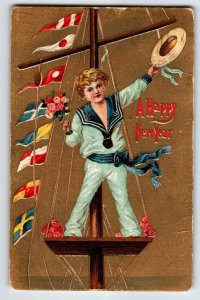 New Year Postcard Boy In Sailor Suit Ship Flags Water Hat Flowers Vintage 1909