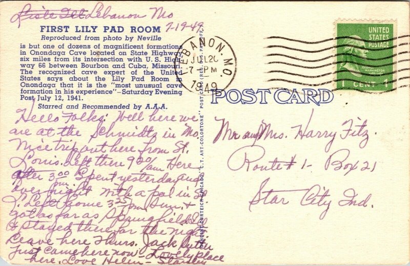 First Lily Pad Room Onondaga Cave Leasburg MO Lebanon Cancel c1949 Postcard 1c 