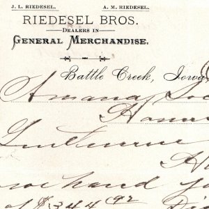 1888 Battle Creek, Iowa Riedesel Bros. Store Letterhead Amana, Homestead, IA R1
