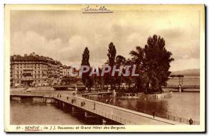 Old Postcard Ile Rousseau Geneva and Grand Hotel des Bergues