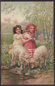 A Joyous Easter,Girls,Sheep Postcard