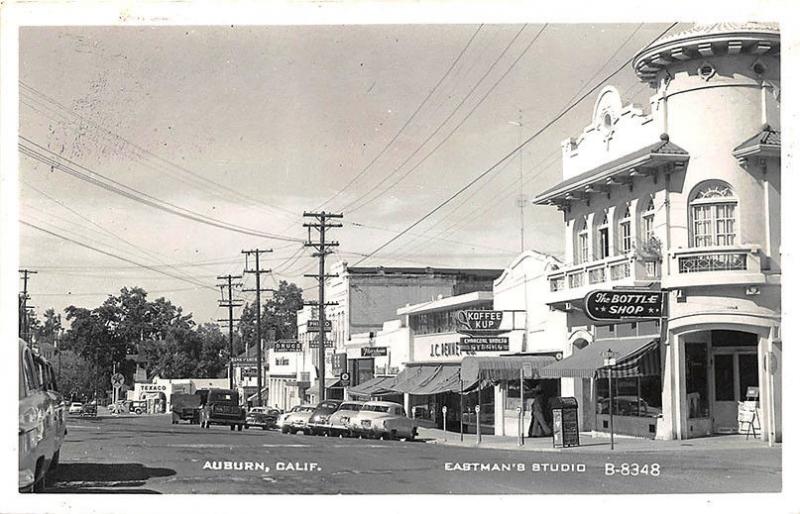 Auburn Ca Street Store Fronts Texaco Gas Station Koffee Kup Rppc Postcard Hippostcard