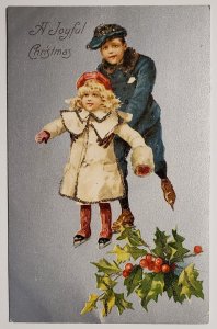 Christmas Children Boy And Gril With Holly Glitter Applique Postcard U27