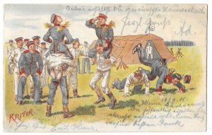 Oeslau to Munich Bavaria 1901 Postcard Kritik Army Camp Soldiers Chicken Fight