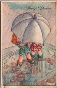 Happy Birthday, Children Big Umbrella In Rain K.L. Links Vintage Postcard C187