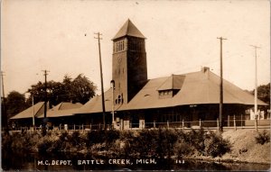 Real Photo Postcard M.C. Railroad Train Depot in Battle Creek, Michigan Central