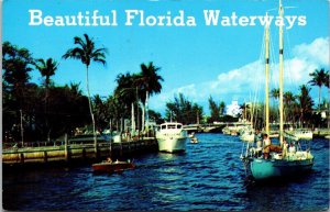 Florida Waterways Boats FL Palms Blue Sky Postcard UNP WOB VTG Koppel 