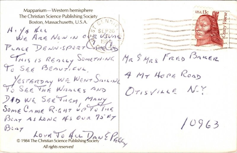 Mapparium Western Hemisphere Boston Massachusetts MA Postcard PM W Dennis MN WOB 