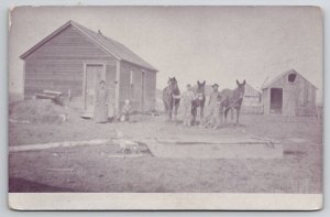 RPPC Farm Scene Men With Their Horses Mother Child Barns Postcard F27