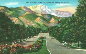 Vintage Postcard 1930's Pikes Peak From Platte Ave. Colorado Springs CO