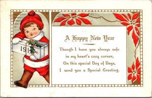 New Year Greeting With Young Boy Carrying Present 1916
