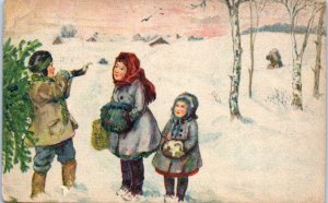 1910s Children Playing in the Snow Czech Postcard