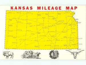 Kansas State Mileage Map Shortest Routes using US and K Routes Postcard # 7566