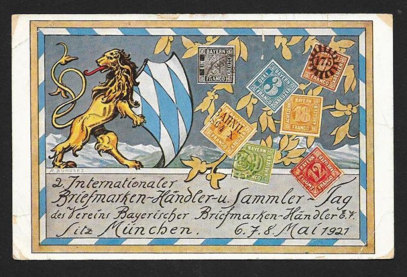 BAVARIA Stamps on Postcard Lion Postal Workers Used c1930s