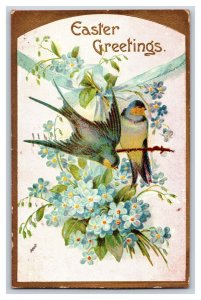 Easter Greetings Sparrows Flowers Ribbon Gilt Embossed DB Postcard R26