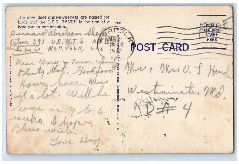 1942 USS Raven 550 Norfolk Virginia VA Bernard Shaffer Soldier Mail WW2 Postcard