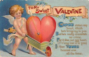 F38/ Valentine's Day Love Holiday Postcard c1910 Wheel Barrow Cupid 6