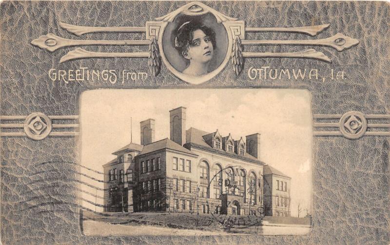 F6/ Ottumwa Iowa Postcard 1908 Fancy Woman School Greetings from 